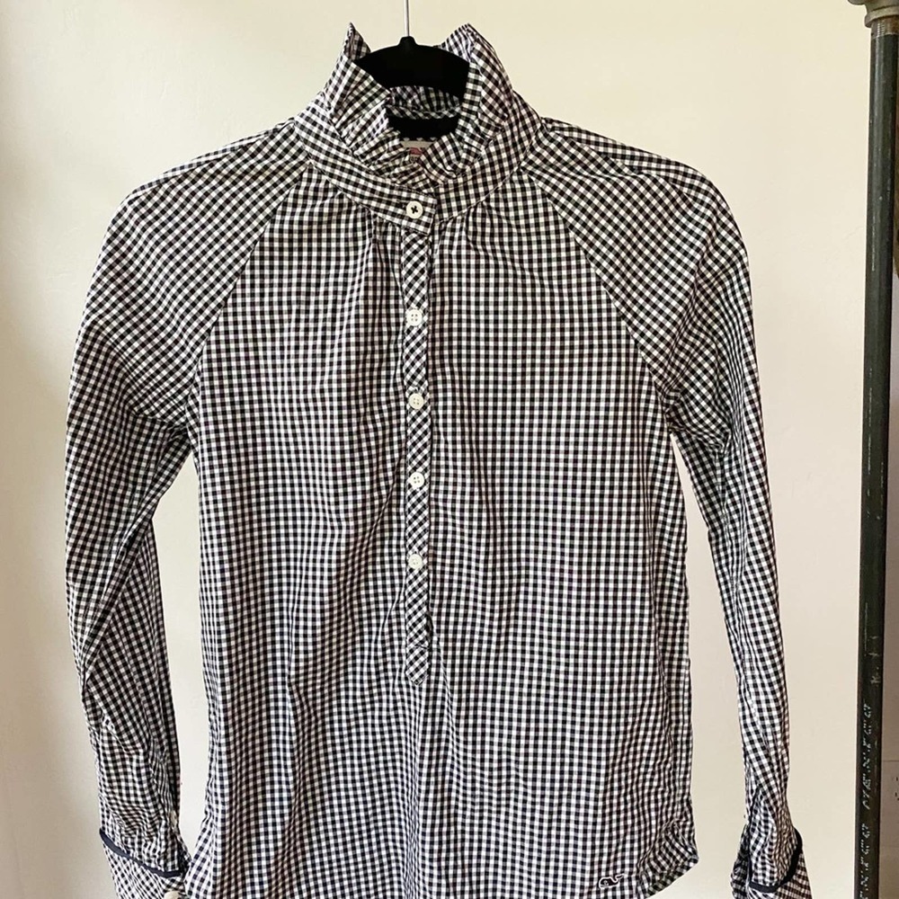 VINEYARD VINES Women's Black/White Gingham Ruffle Collar Half Button Top sz 00